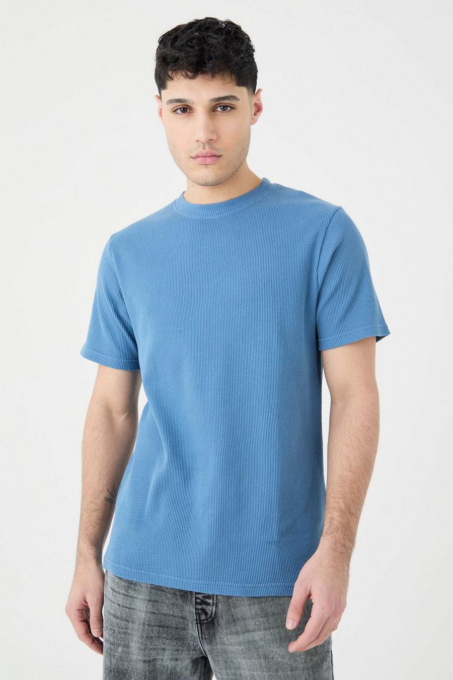 Slate blue Wafel Gebreid Slim Fit T-Shirt