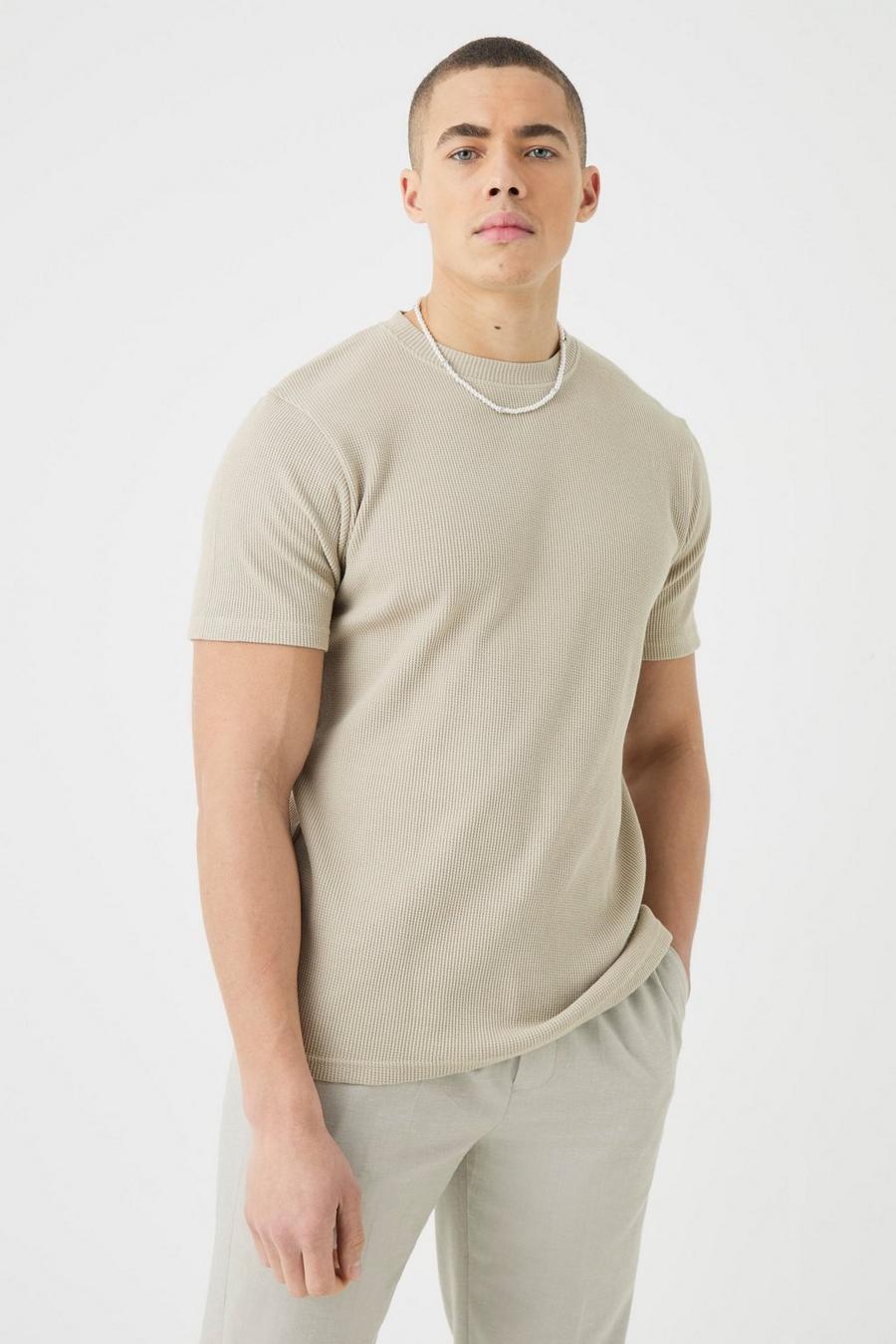 Sand Wafel Gebreid Slim Fit T-Shirt image number 1
