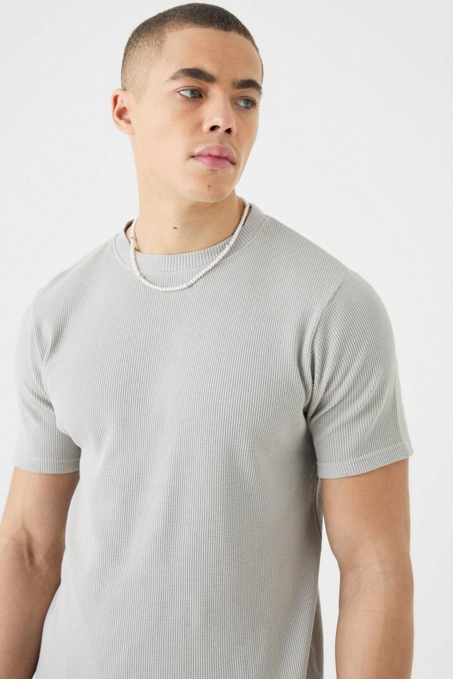 Light grey Wafel Gebreid Slim Fit T-Shirt image number 1