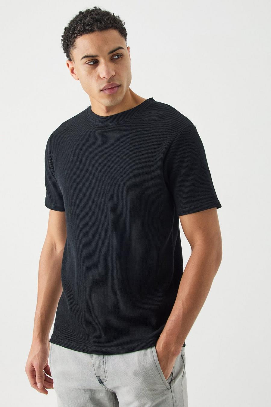 Black Wafel Gebreid Slim Fit T-Shirt