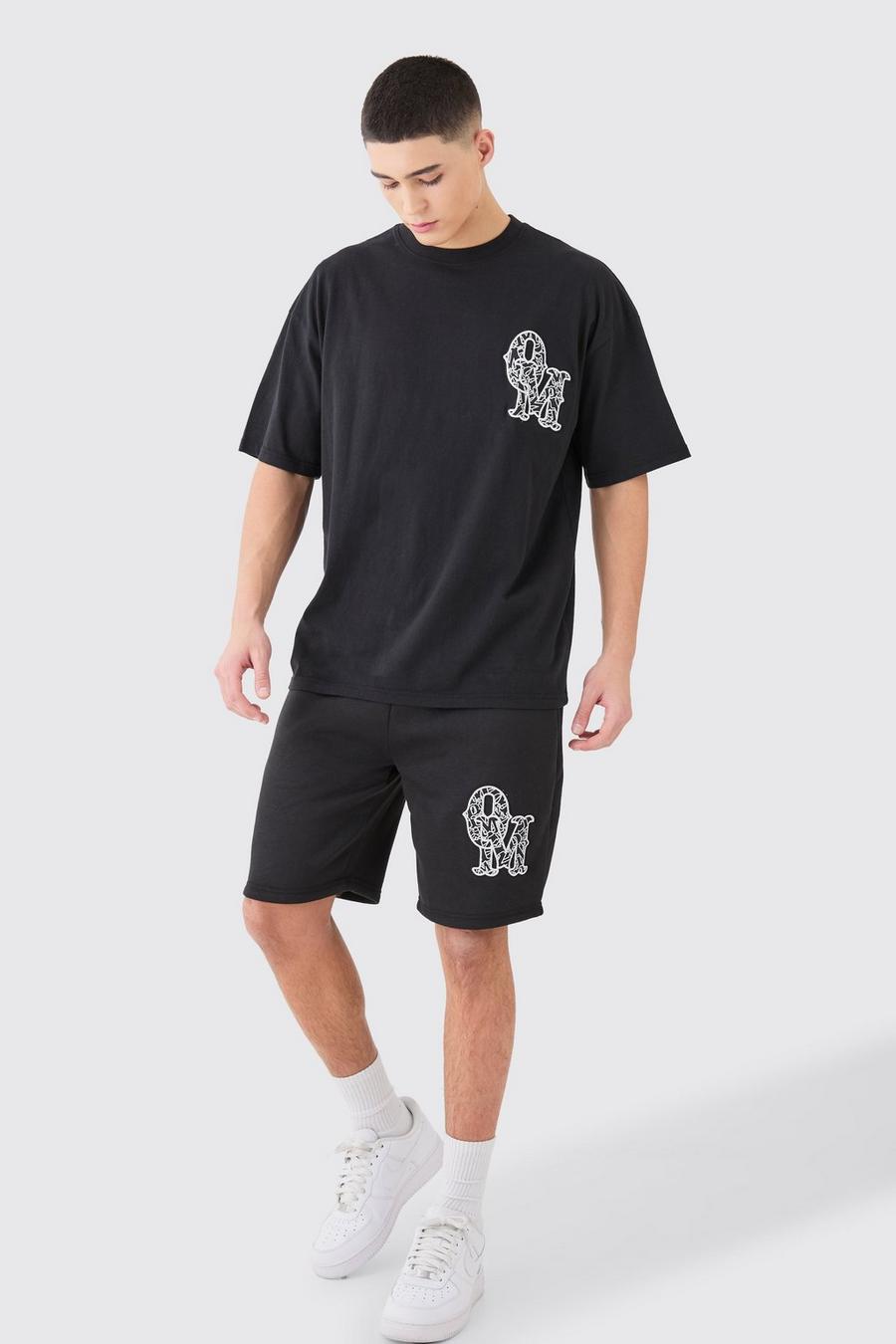 Oversize T-Shirt mit Applikation & Shorts, Black