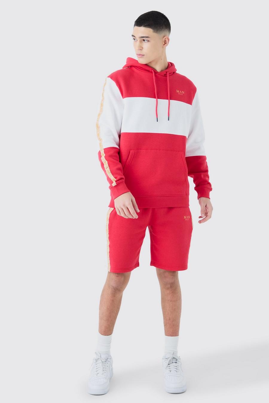 Red Colour Block Man Tape Short Tracksuit image number 1