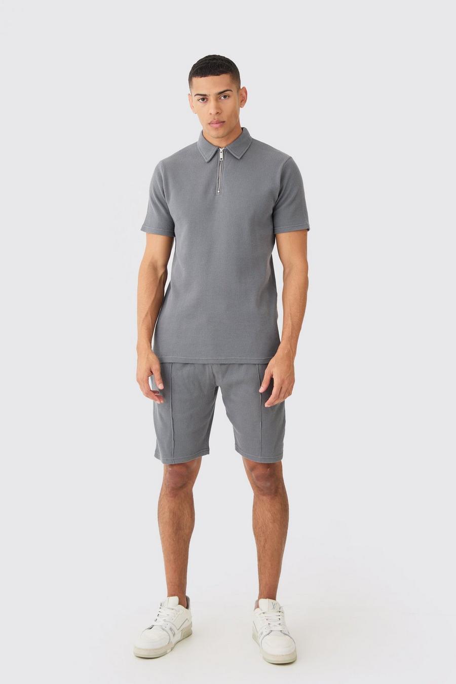 Charcoal Wafel Gebreide Slim Fit Polo En Shorts Set image number 1
