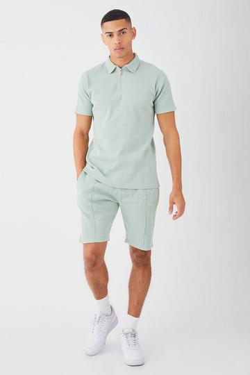 Slim Fit Waffle Polo & Short Set sage