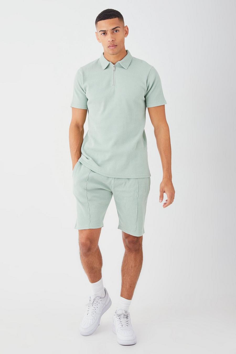Slim-Fit Poloshirt & Shorts in Waffeloptik, Sage image number 1
