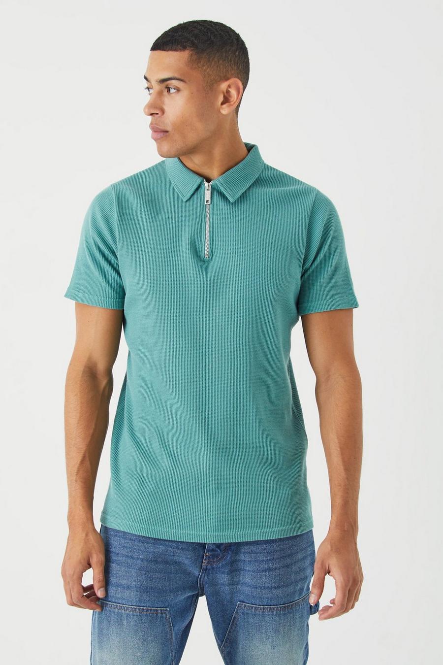 Blue Slim Fit Waffle 1/4 Zip Polo
