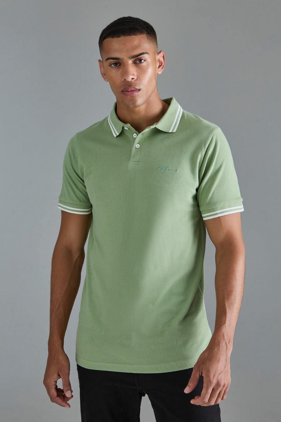 Khaki Slim Fit Man Signature Tipped Pique Polo image number 1