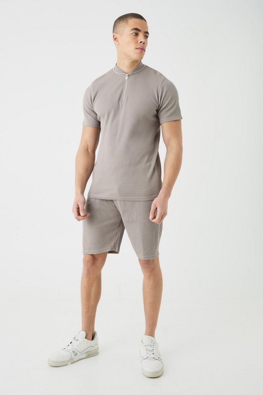 Slim-Fit Bomber-Poloshirt & Shorts in Waffeloptik, Taupe image number 1