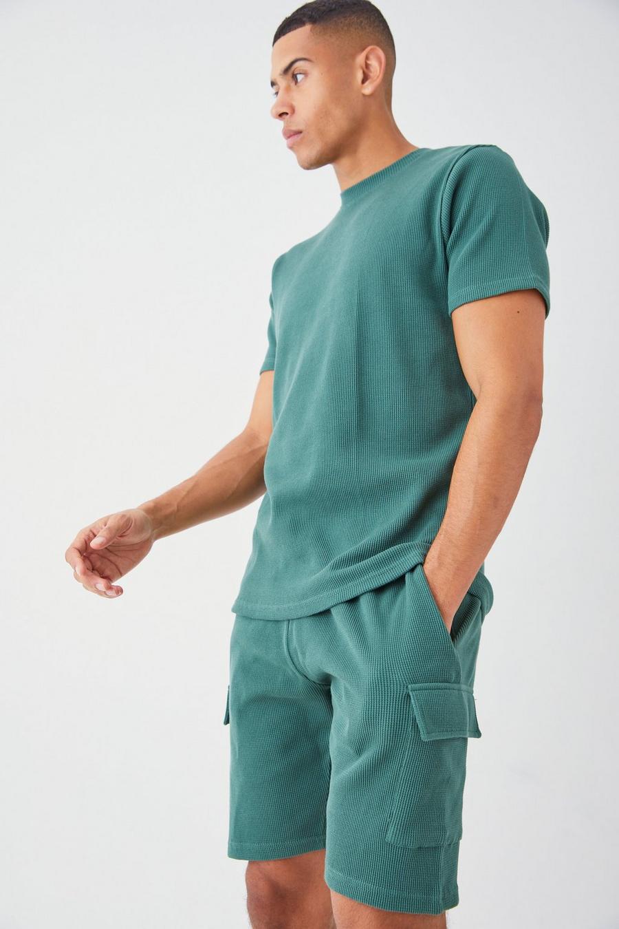 Conjunto de pantalón corto cargo y camiseta ajustada de tela gofre, Forest image number 1