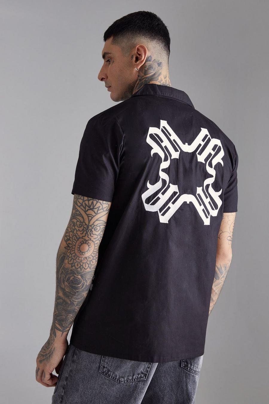 Black Tall Short Sleeve Drop Revere Back Embroidered Shirt