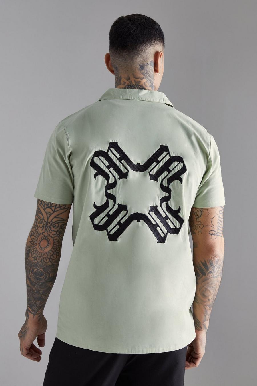 Sage Tall Short Sleeve Drop Revere Back Embroidered Shirt