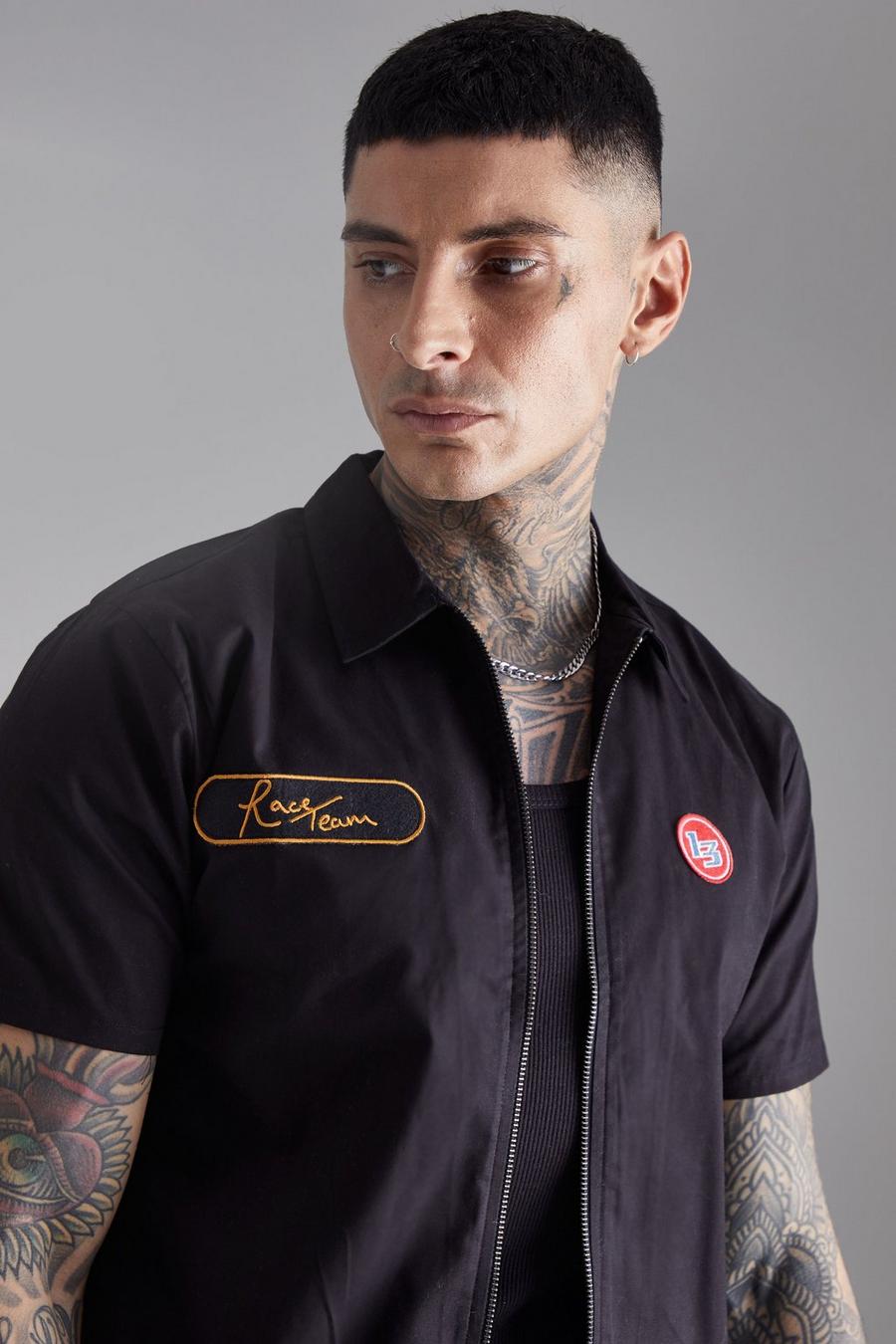 Camicia da moto Tall a maniche corte in twill con zip, Black image number 1