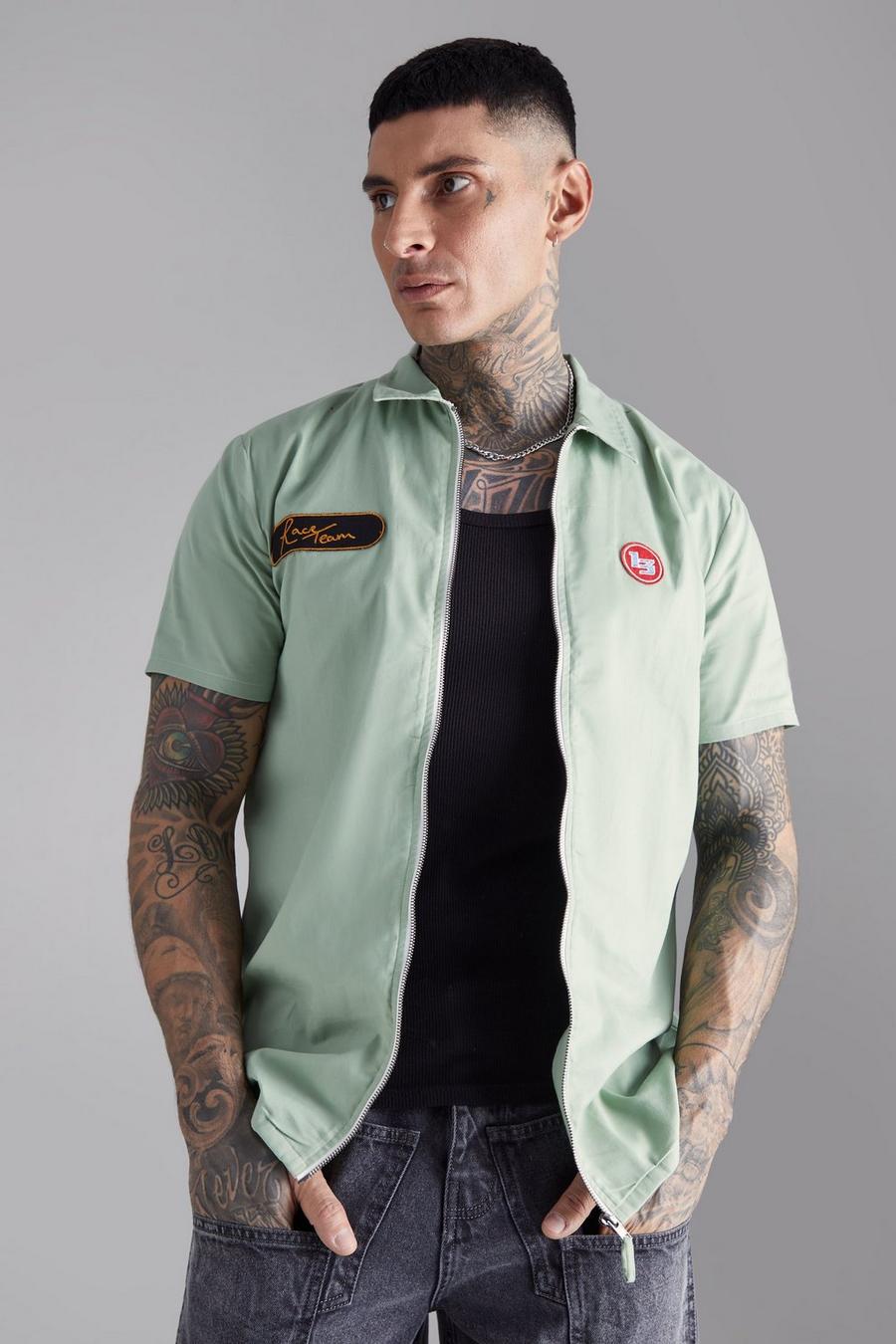 Sage green Tall Short Sleeve Twill Zip Moto Shirt