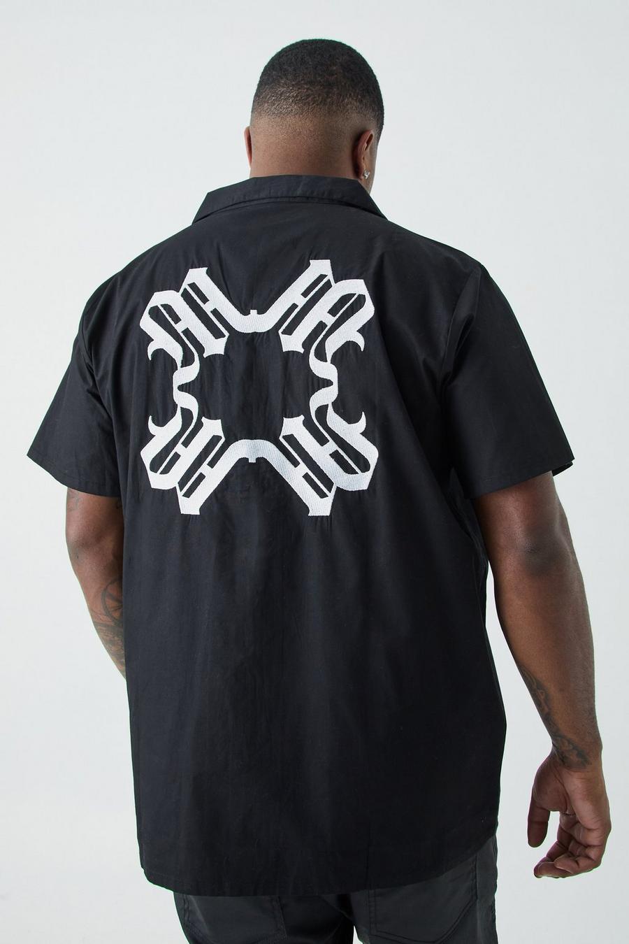 Black Plus Short Sleeve Drop Revere Back Embroidered Shirt