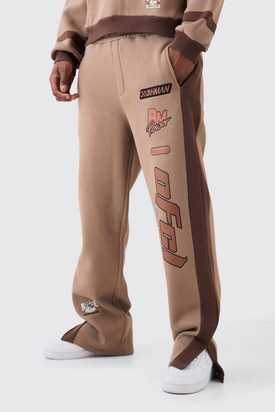 Pantalón deportivo holgado con aplique y panel lateral, Coffee image number 1