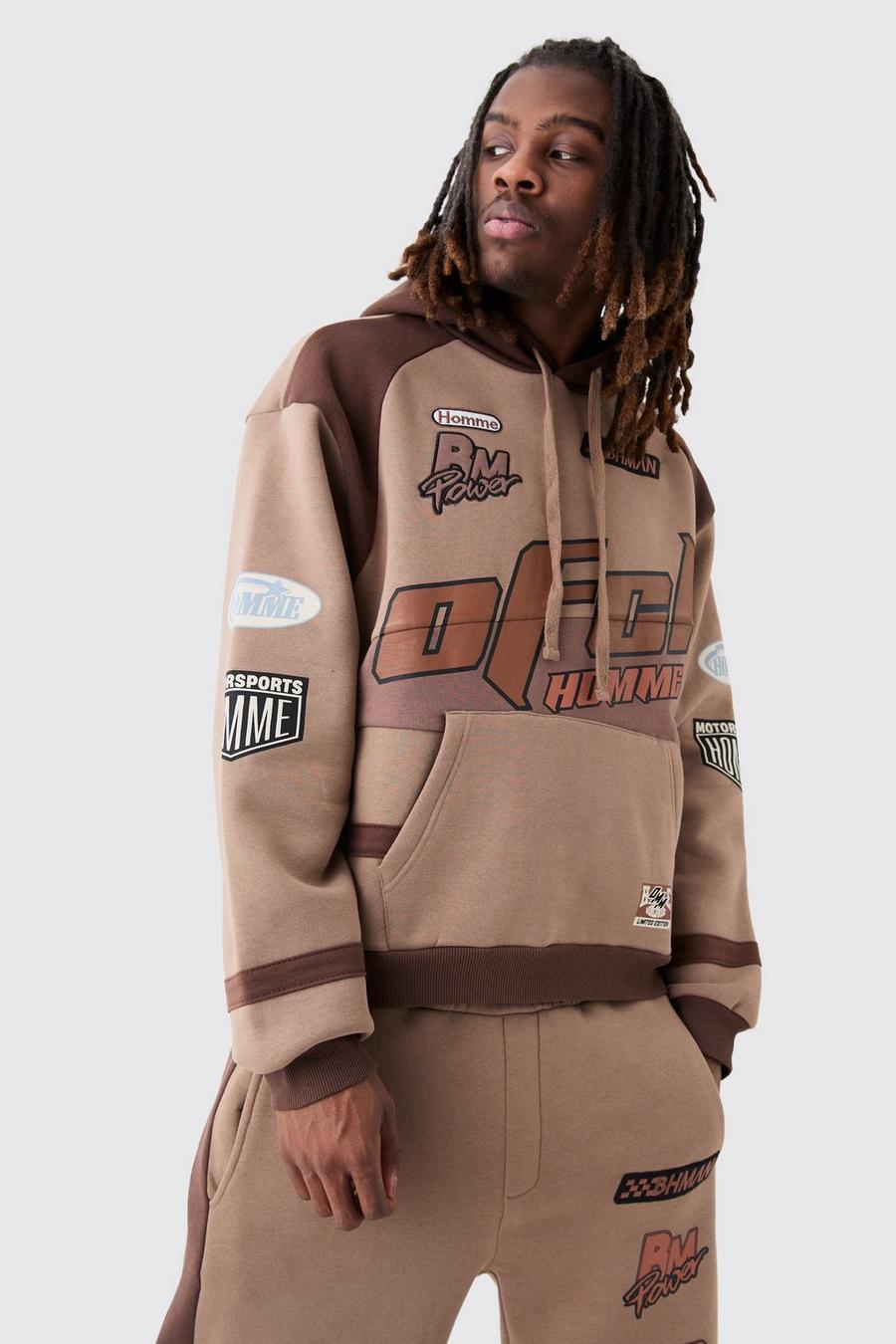 Coffee Oversized Boxy Moto Applique Hoodie image number 1