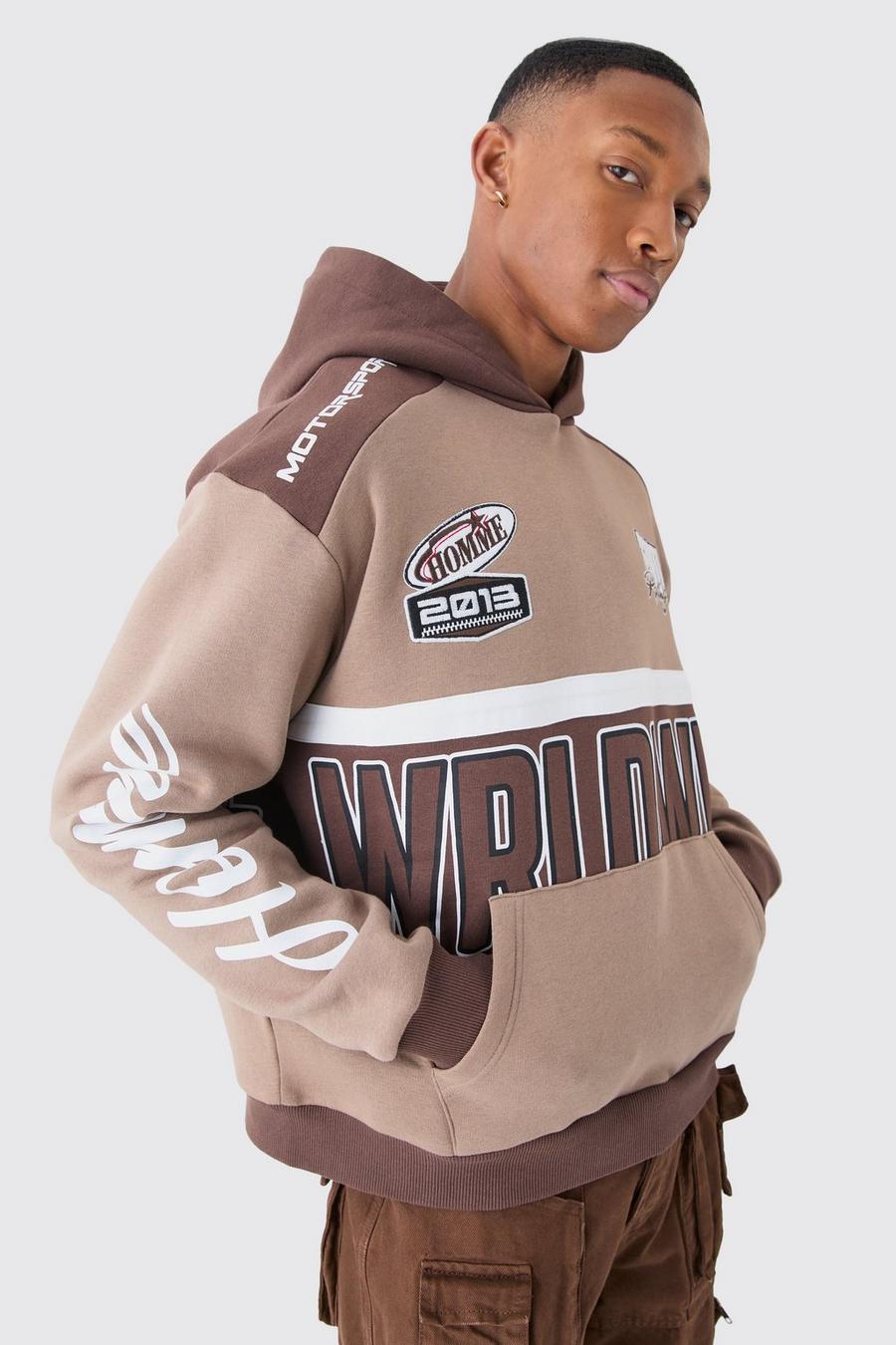 Coffee Oversized Boxy Applique Moto Hoodie image number 1