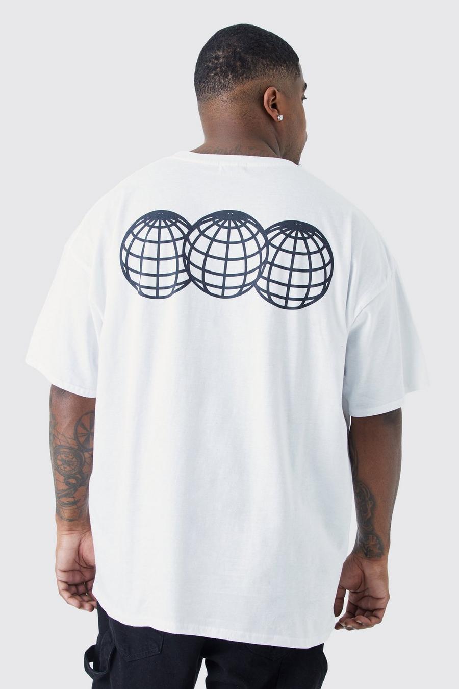Camiseta Plus oversize con estampado de globo terráqueo en la espalda, White image number 1