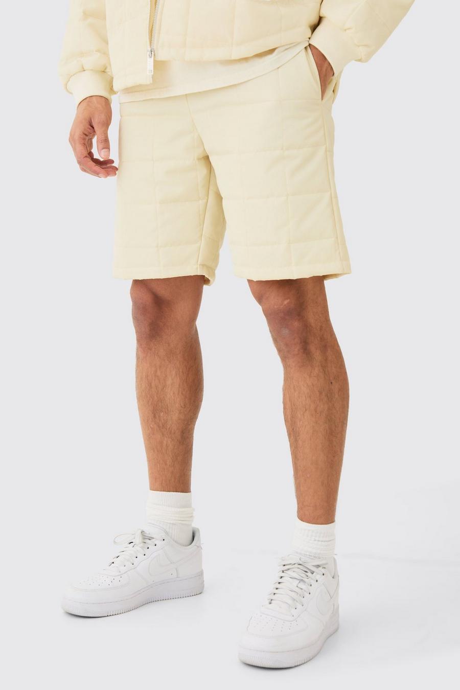 Pantaloncini squadrati trapuntati con fermacorde in vita, Off white image number 1