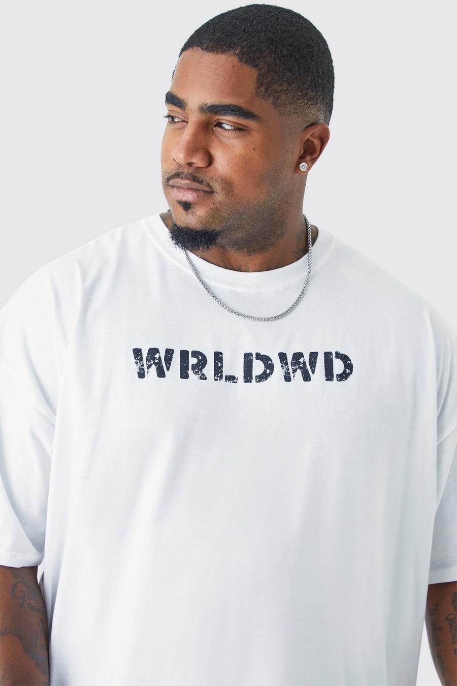 Plus Oversize T-Shirt mit Wrldwd Print, White image number 1