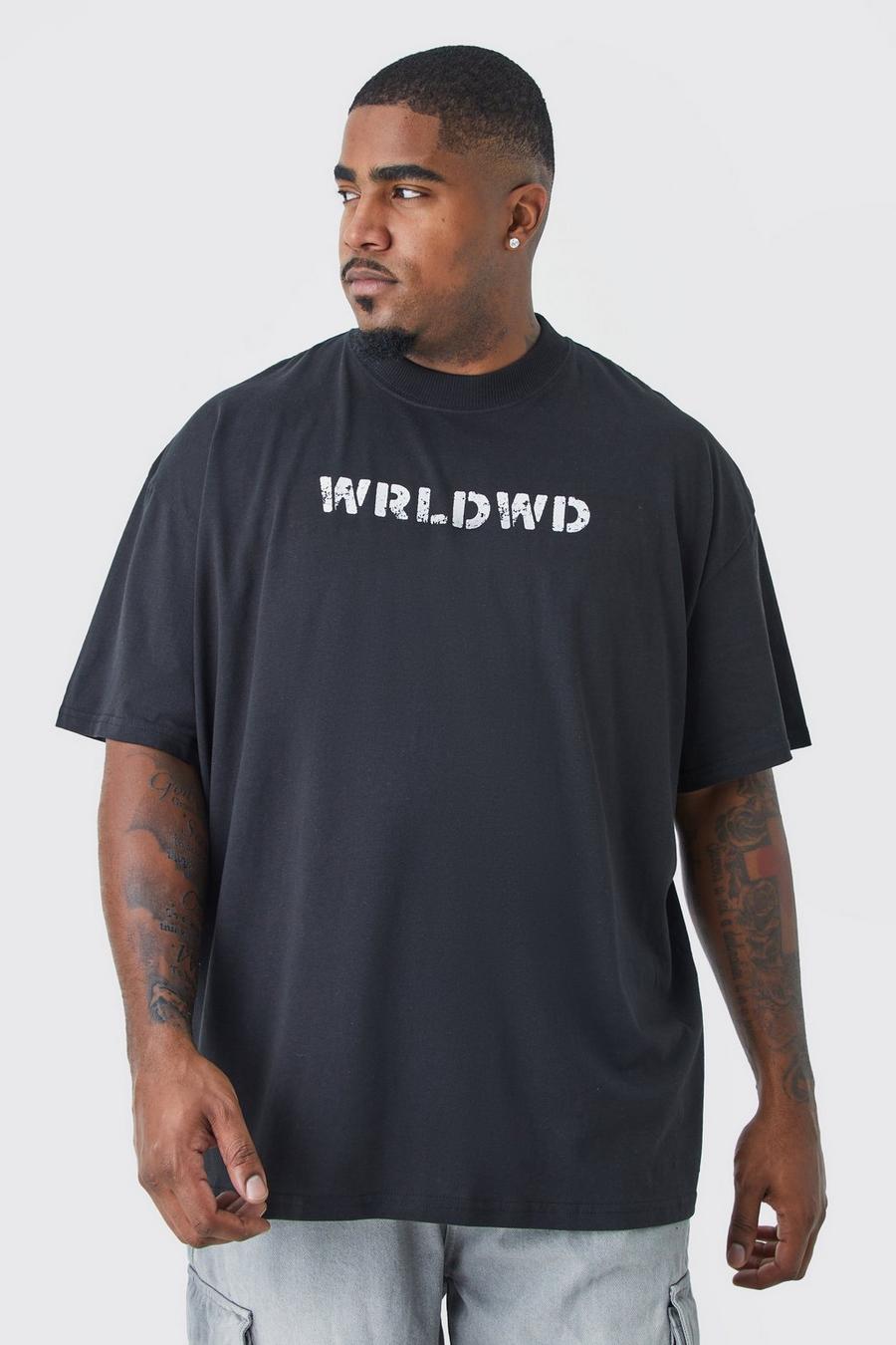 Plus Oversize T-Shirt mit Wrldwd Print, Black image number 1