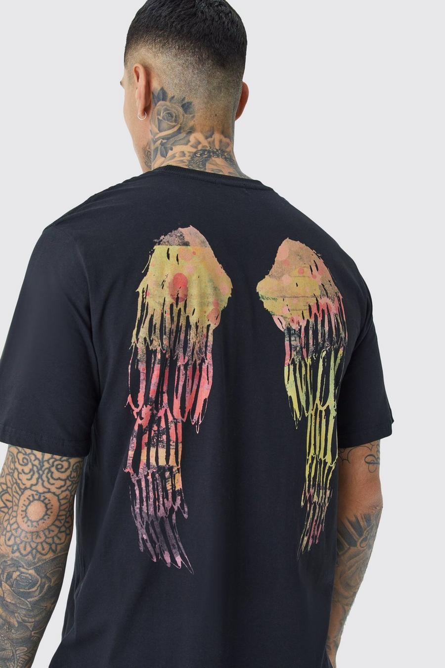Black Tall Oversized Wings Heat Map Back Print T-shirt image number 1