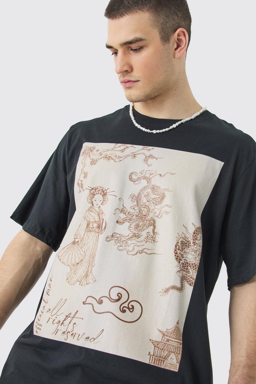 Black Tall Oversized Chest Print T-shirt image number 1