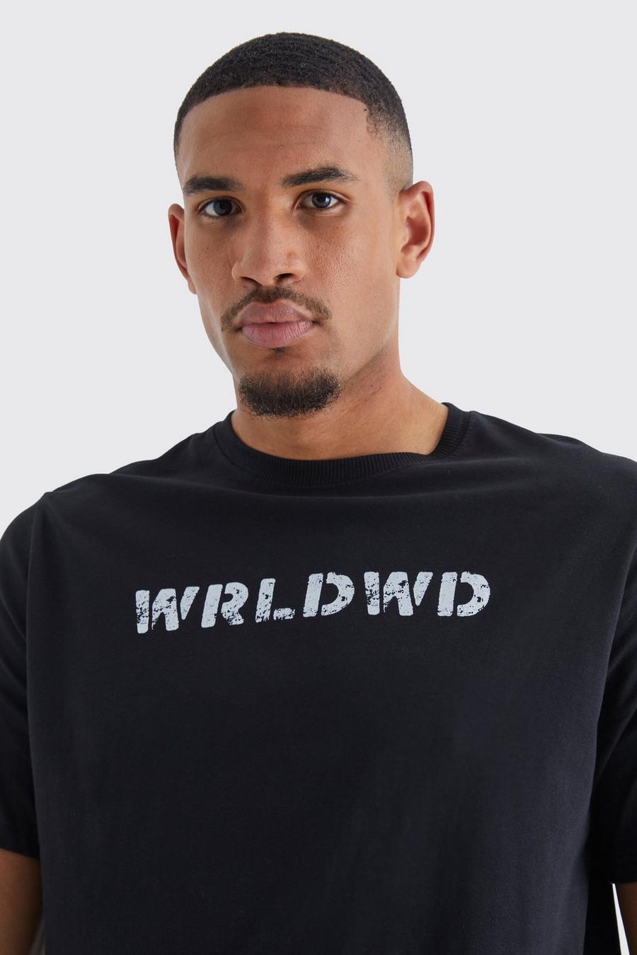 Black Tall Oversized Wrldwd Chest Print T-shirt image number 1