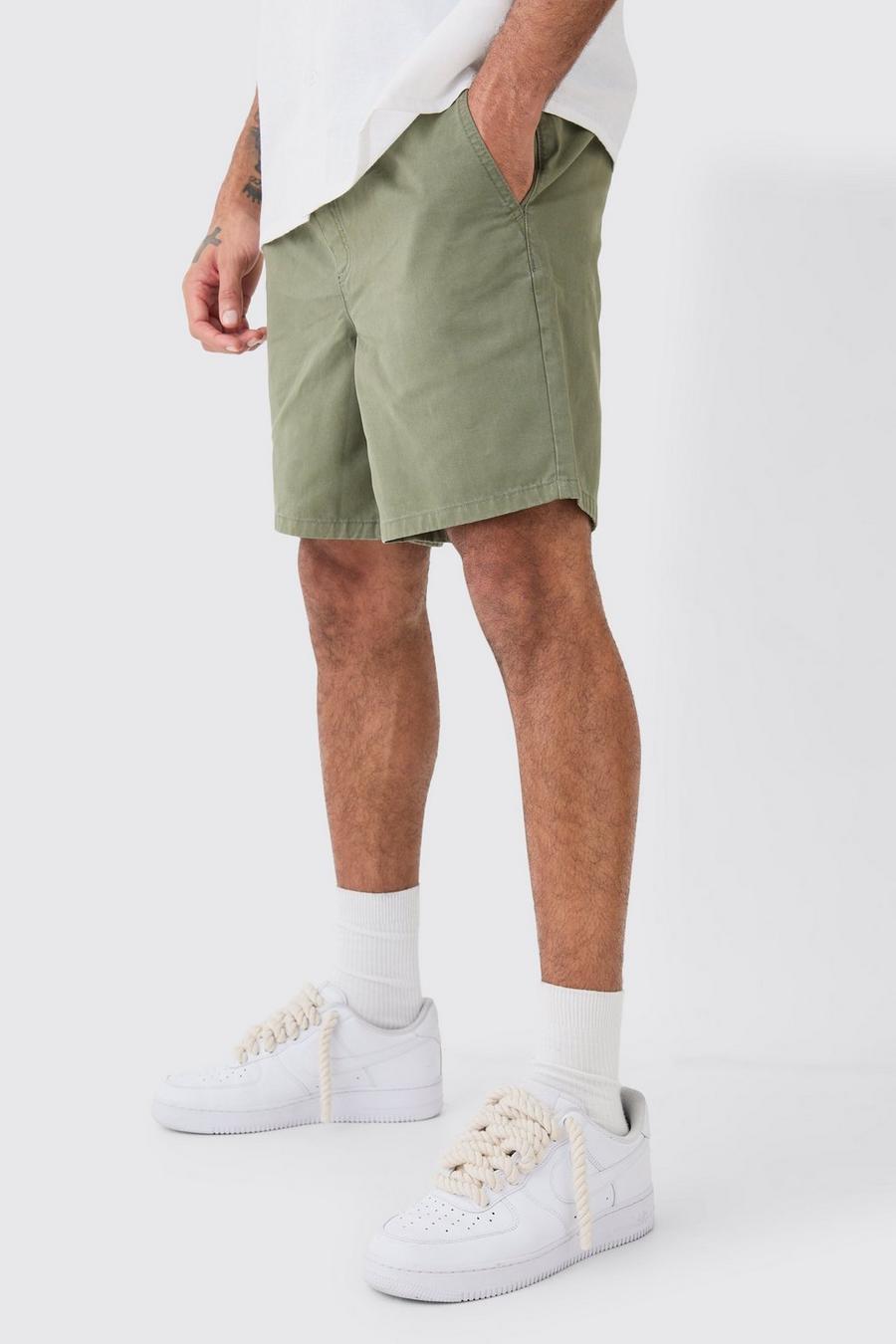 Shorter Length Relaxed Fit Elastic Waist Chino Shorts in Khaki