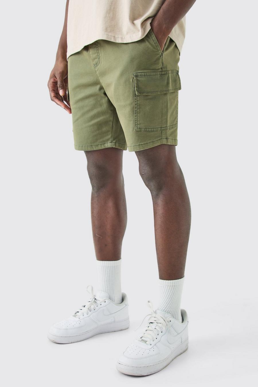 Skinny Fit Elasticated Waist Cargo Shorts in Khaki