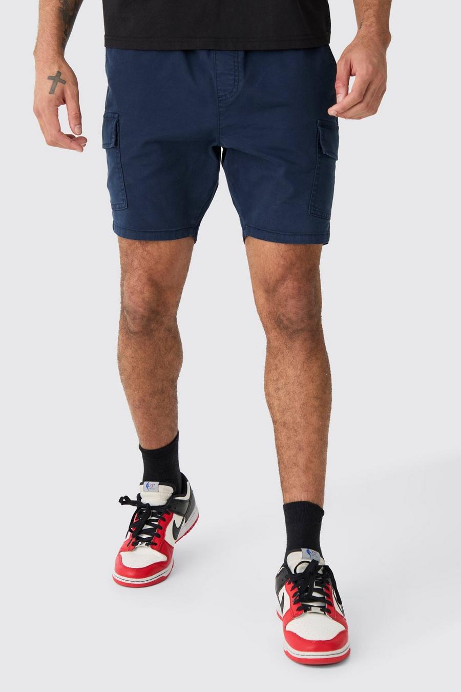 Skinny Fit Elasticated Waist Cargo Shorts in Navy image number 1