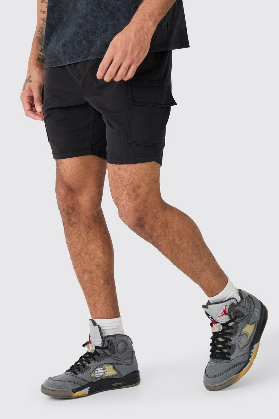 Skinny Fit Elasticated Waist Cargo Shorts in Black image number 1