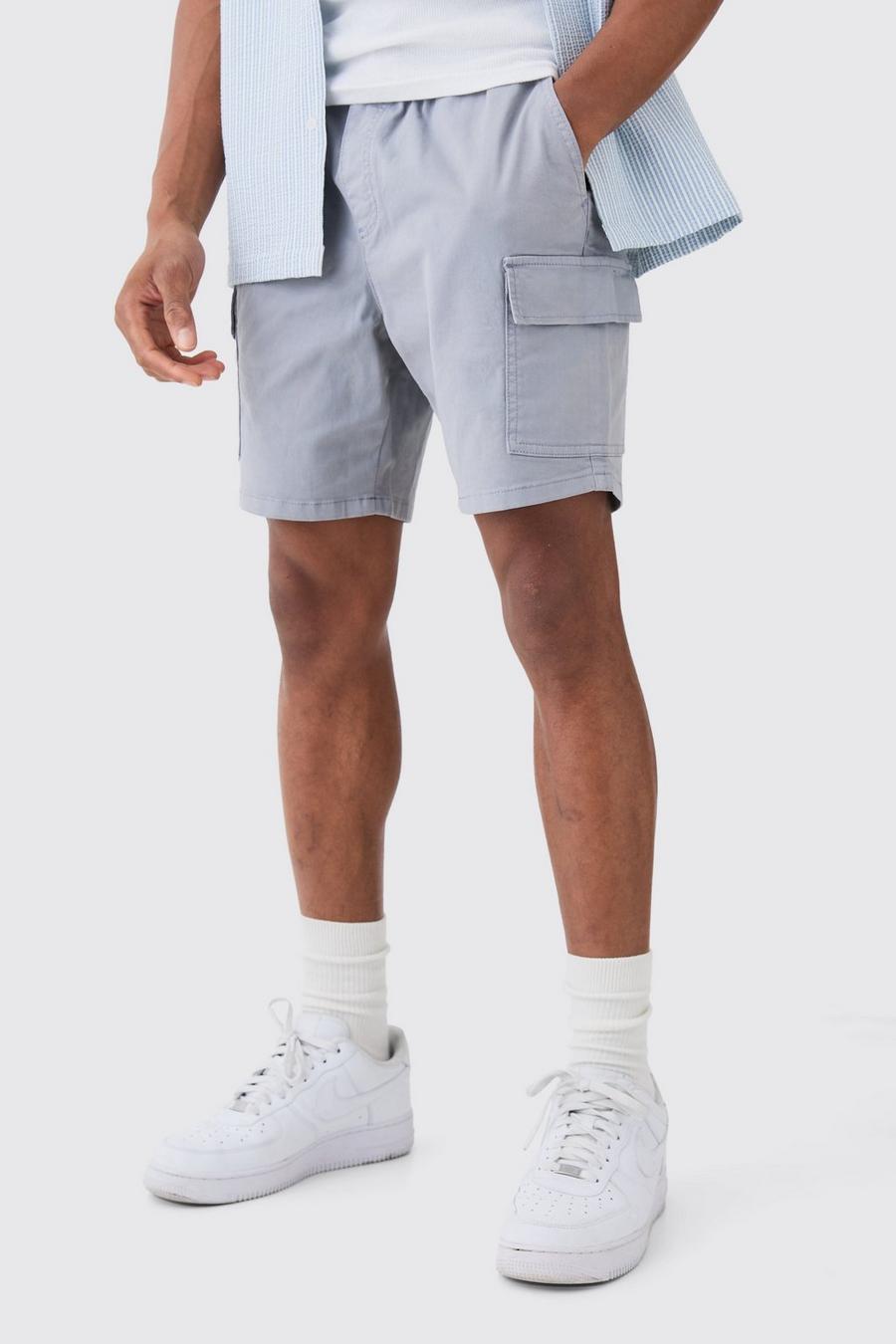 Grey Slim Fit Elasticated Waist Cargo Shorts image number 1