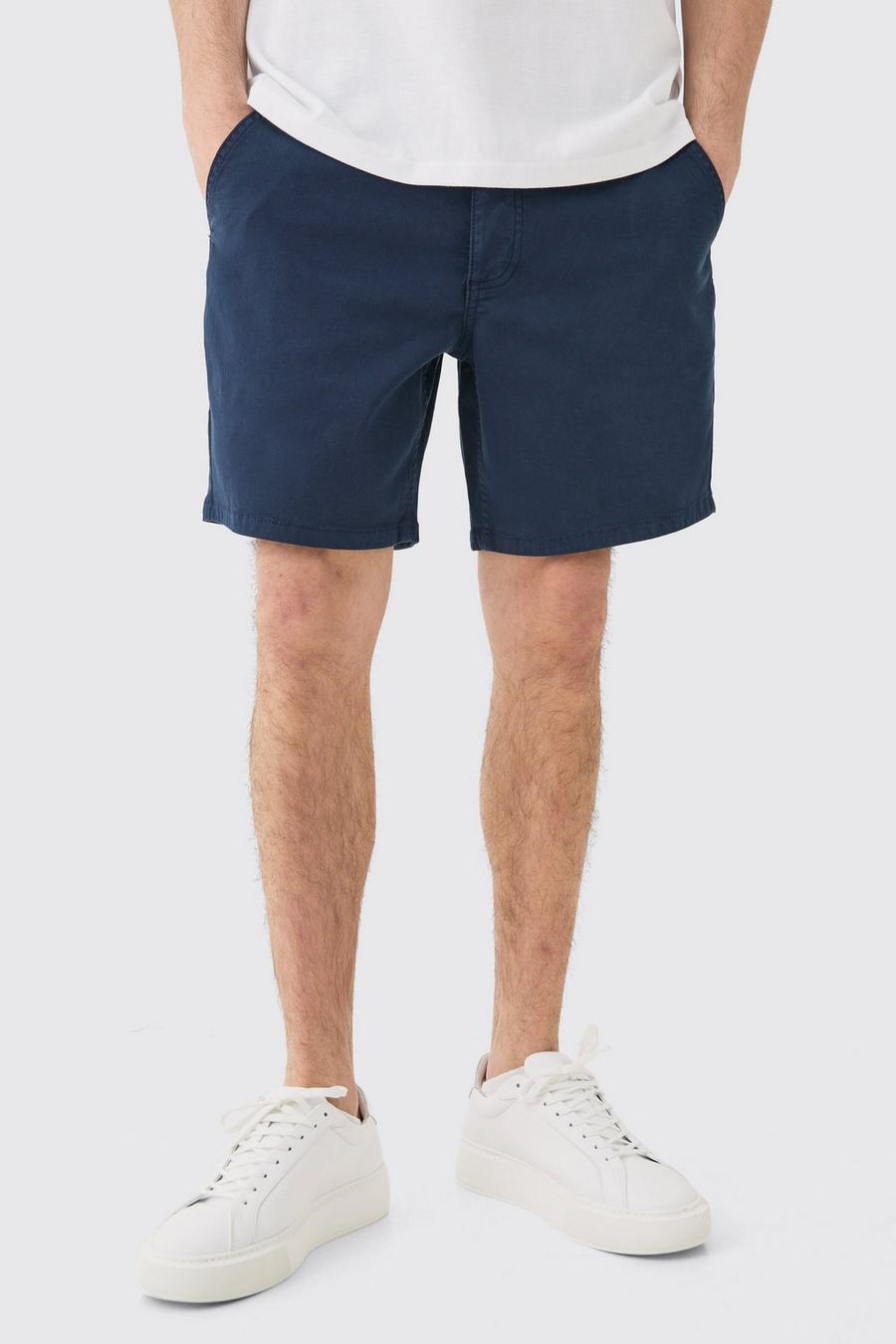 Navy Fixed Waist Slim Fit Chino Shorts