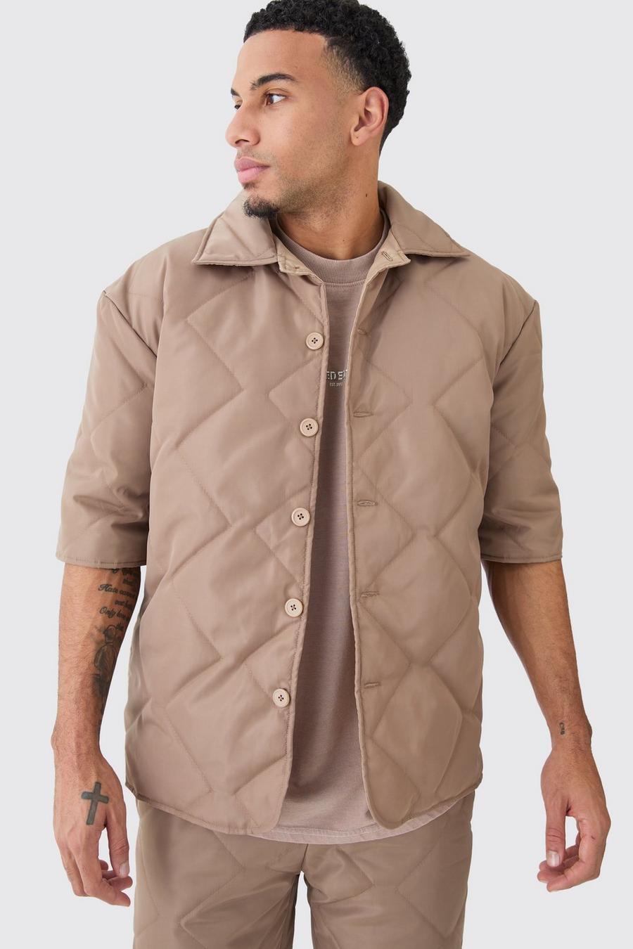 Taupe Oversized Short Sleeve Quilted Shirt image number 1