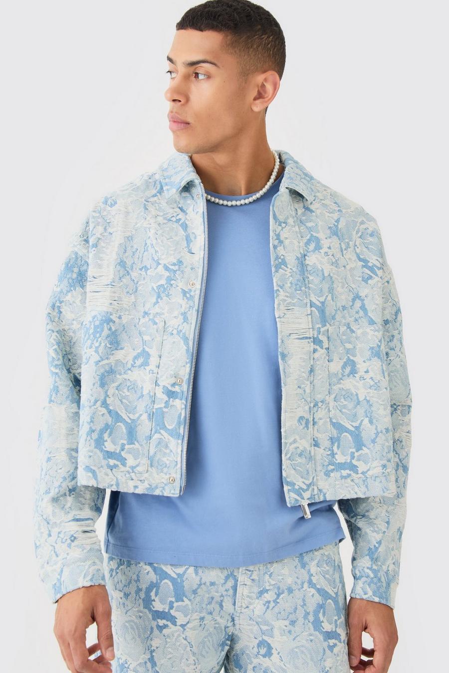 Light blue Boxy Fit Fabric Interest Distressed Denim Jacket
