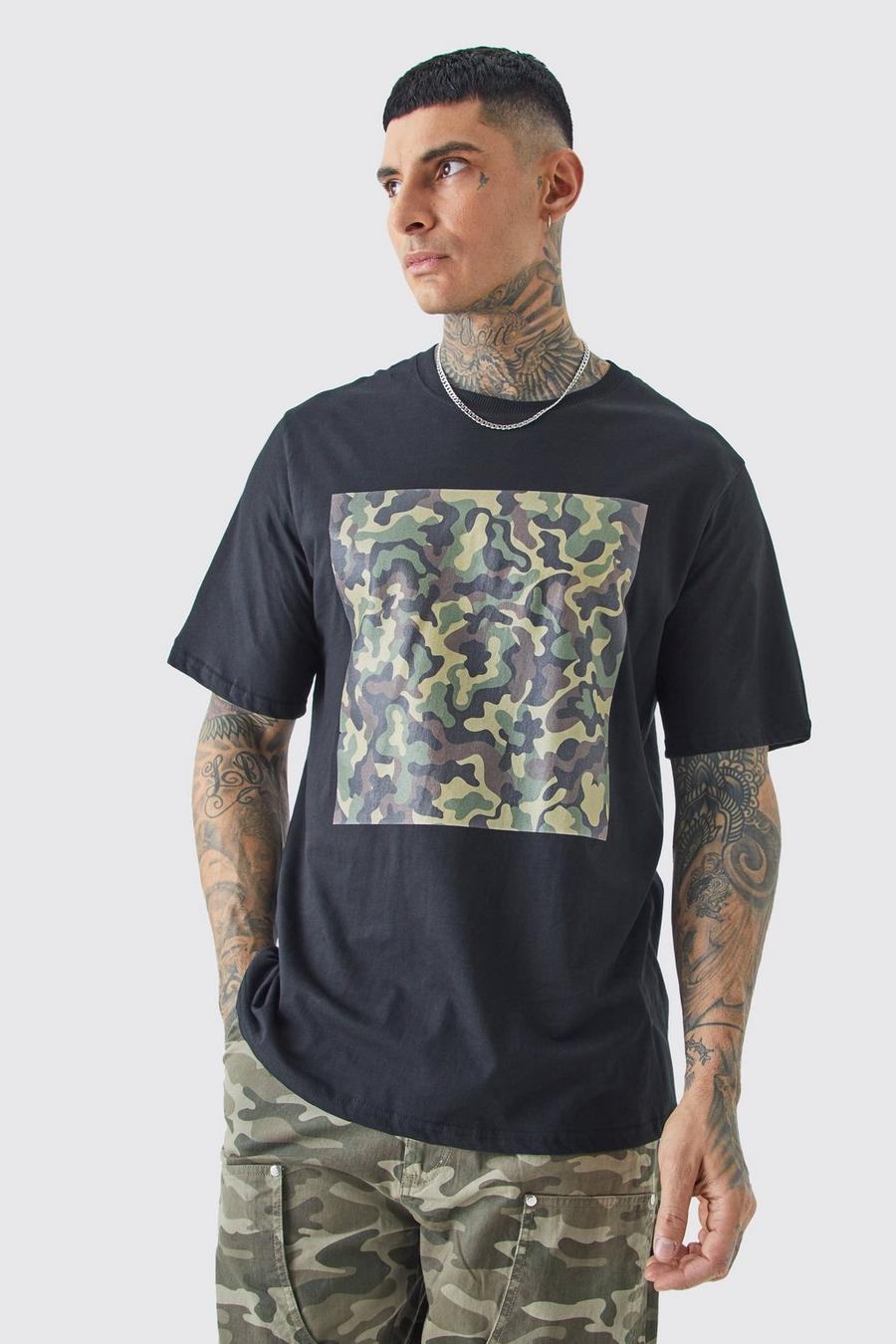 Black Tall Oversized Camouflage Chest Print T-shirt image number 1
