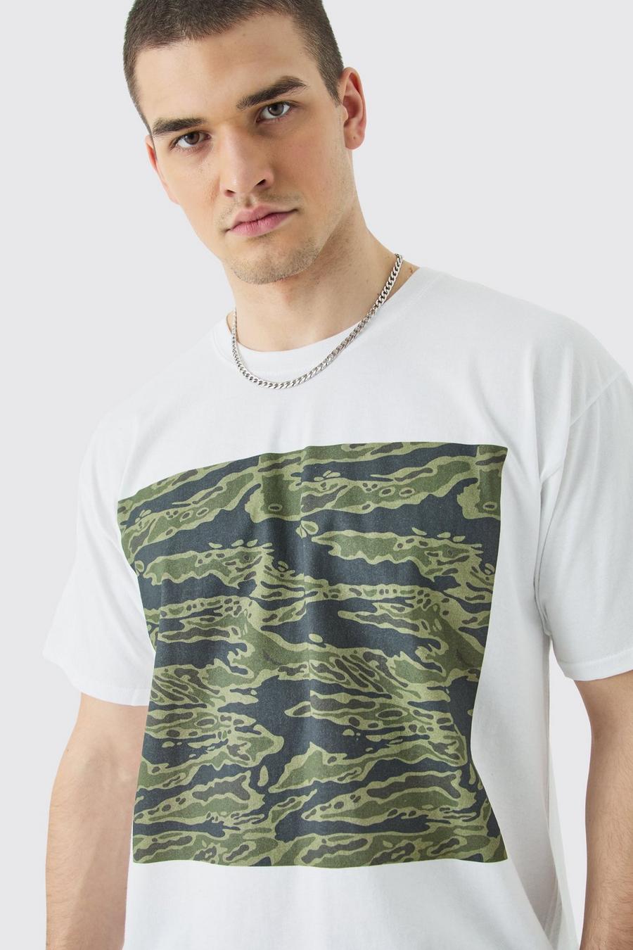 White Tall Oversized Camouflage Chest Print T-shirt image number 1