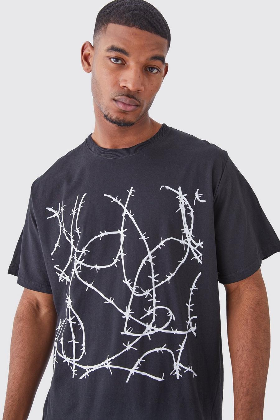 Black Tall Oversized Barbwire Chest Print T-shirt image number 1