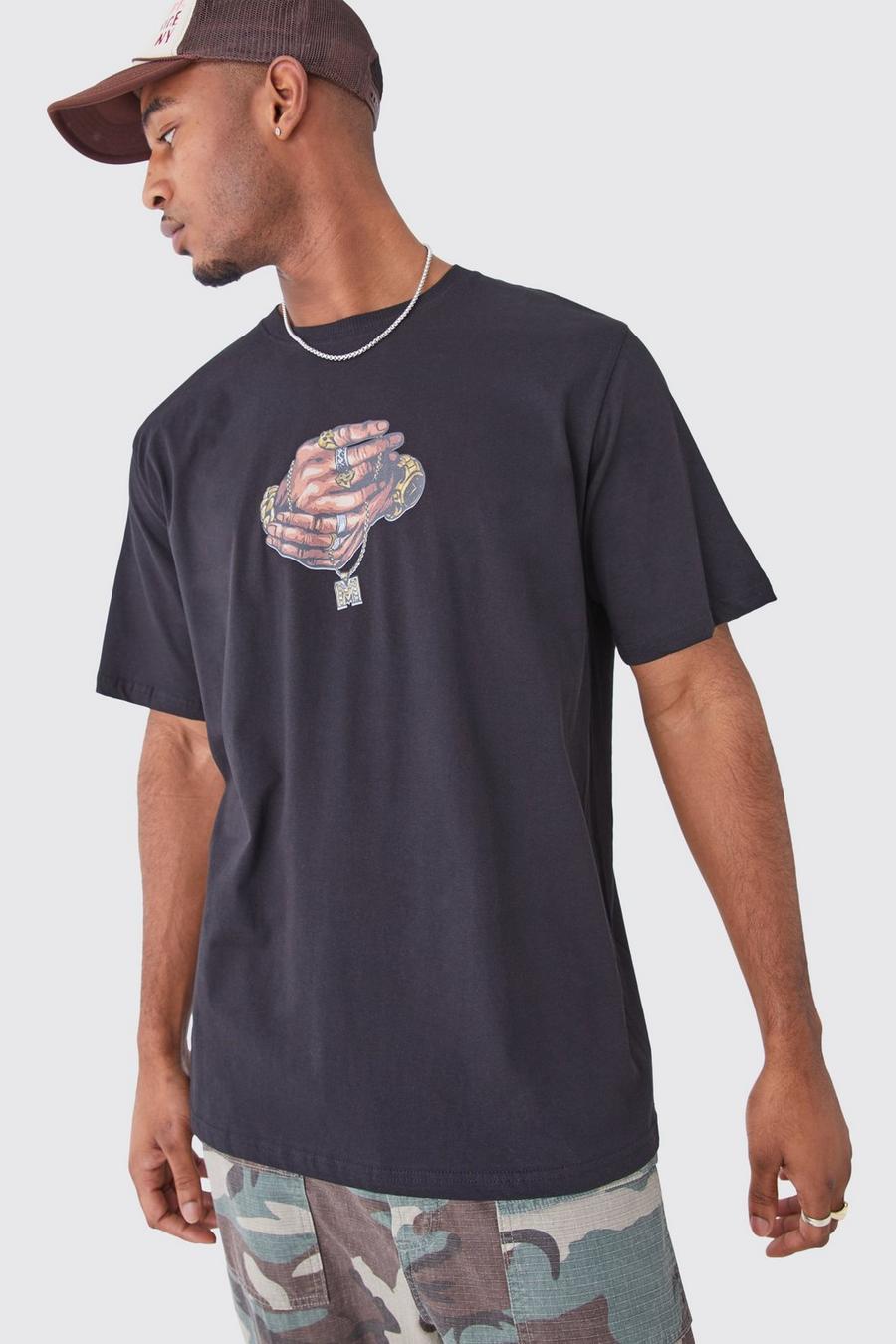 Black Tall Oversized Kettingprint Man T-Shirt Met Borstopdruk