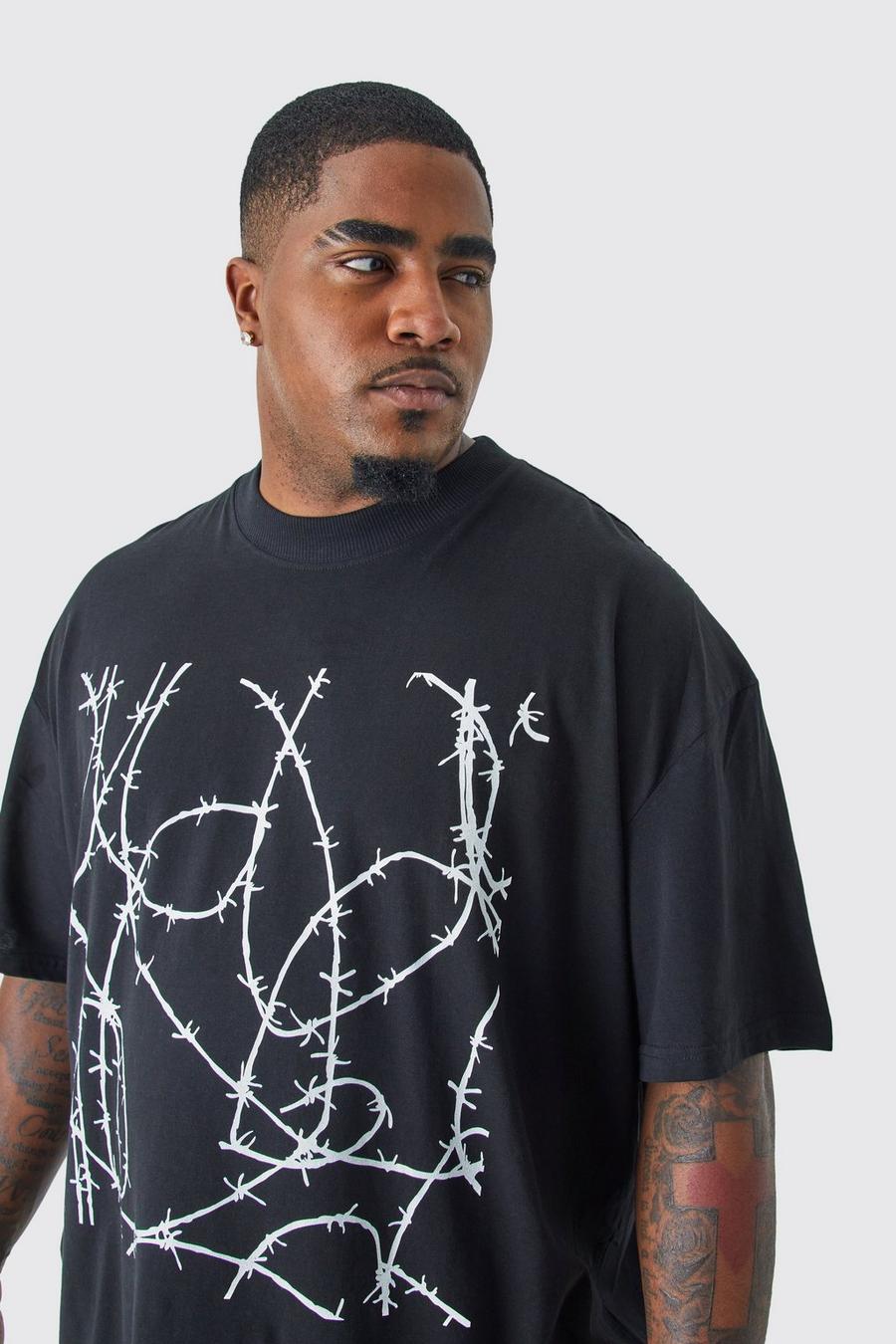 Camiseta Plus oversize con estampado de alambre de púas en el pecho, Black image number 1