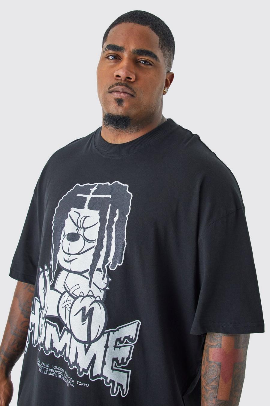 Camiseta Plus oversize Homme con estampado militar de osito en el pecho, Black image number 1