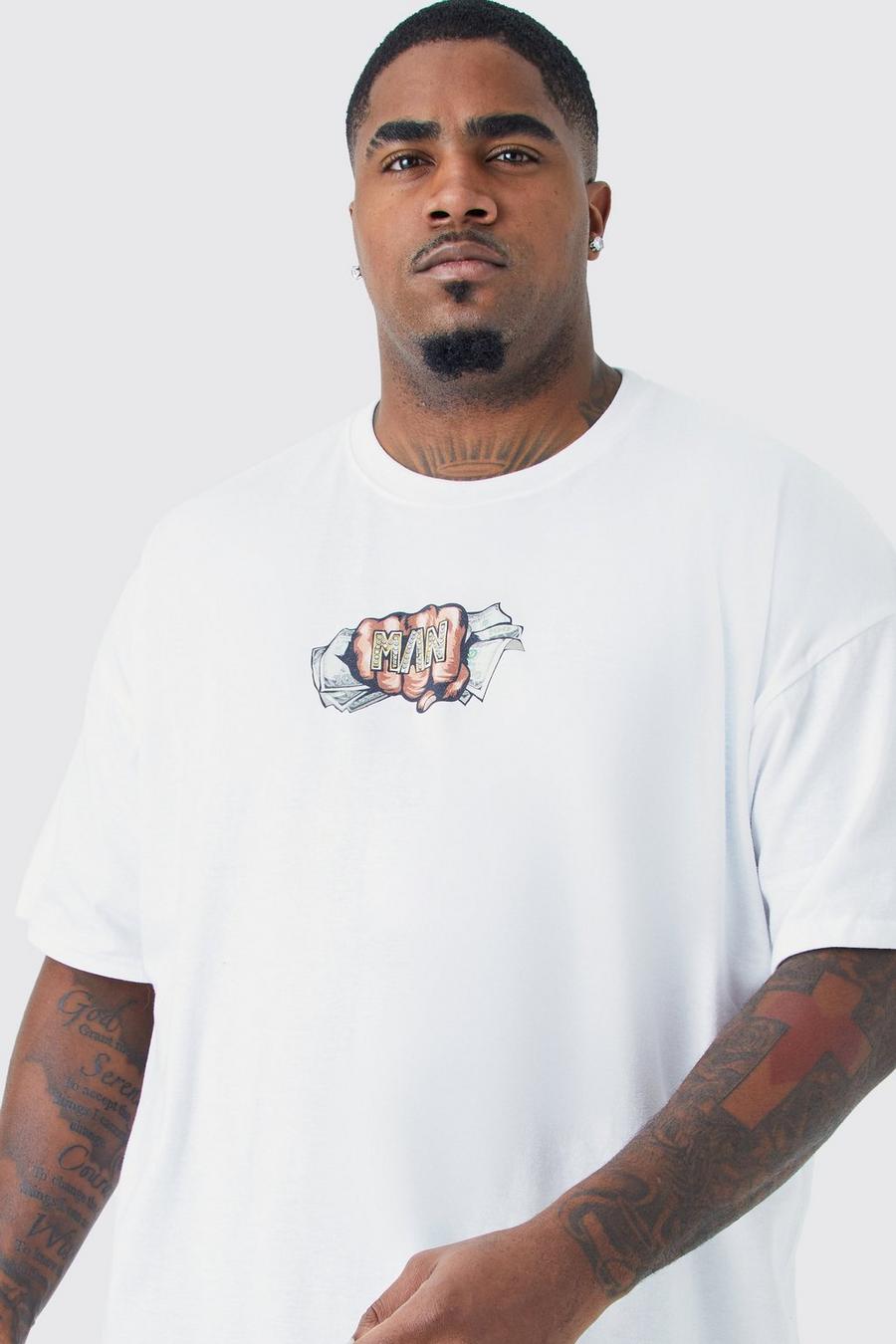 Camiseta Plus oversize con estampado MAN y anillo en el pecho, White image number 1