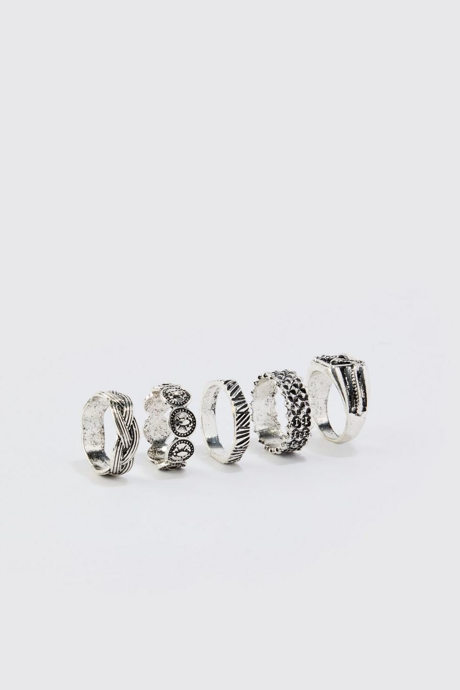 Pack de 5 anillos con relieve, Silver image number 1