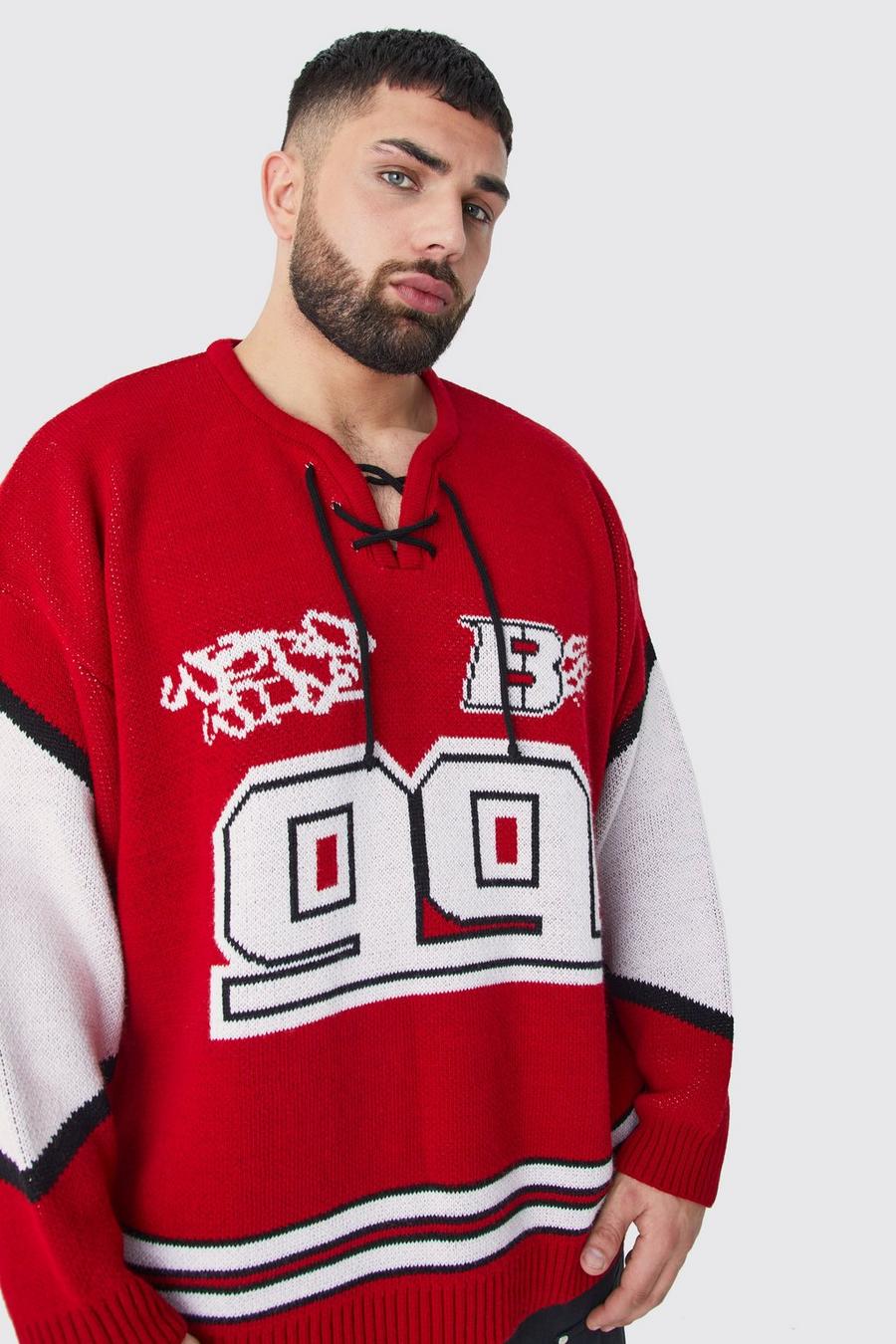 Red Plus Oversized Lace Up Hockey Jumper image number 1