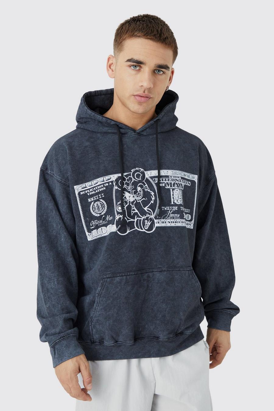 Charcoal Oversized Acid Wash Graphic Hoodie  image number 1