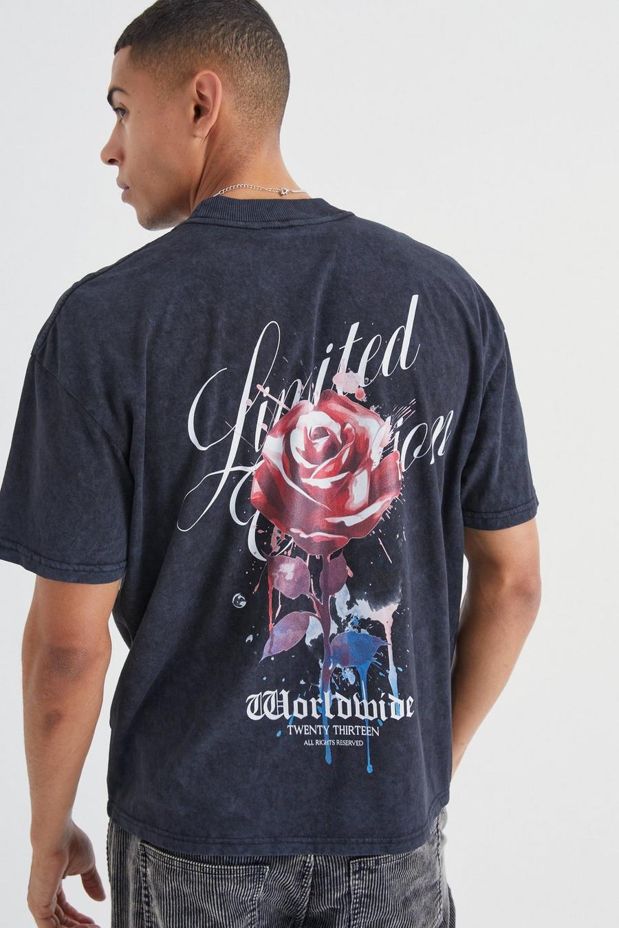 T-shirt in lavaggio acido con grafica a fiori, Charcoal