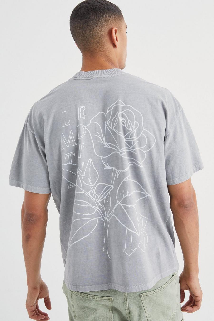 Slate grey Overdye Bloemen Stencil T-Shirt Met Print