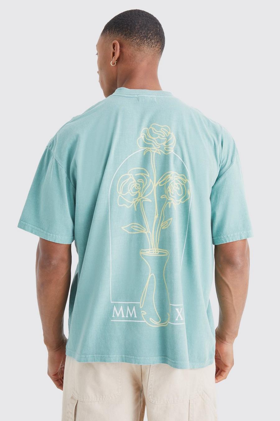 Camiseta sobreteñida con estampado gráfico de flores, Sage image number 1