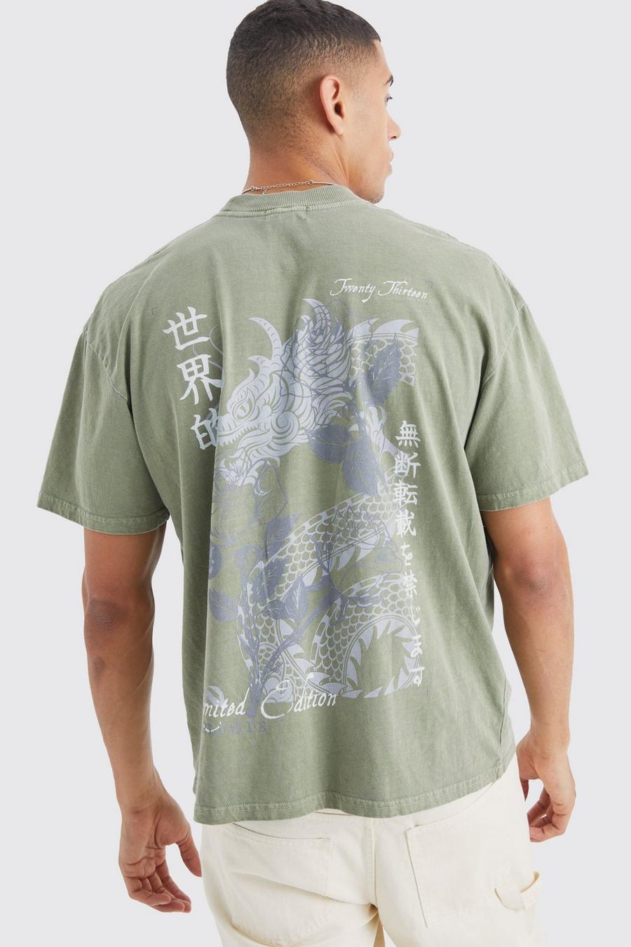 Gefärbtes T-Shirt mit floralem Print, Khaki image number 1